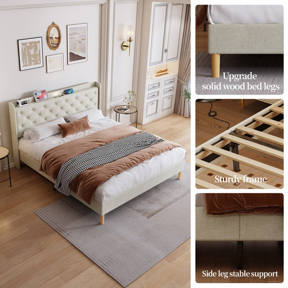 Queen Size Platform Bed With LED Lights,Cotton and Linen Fabric