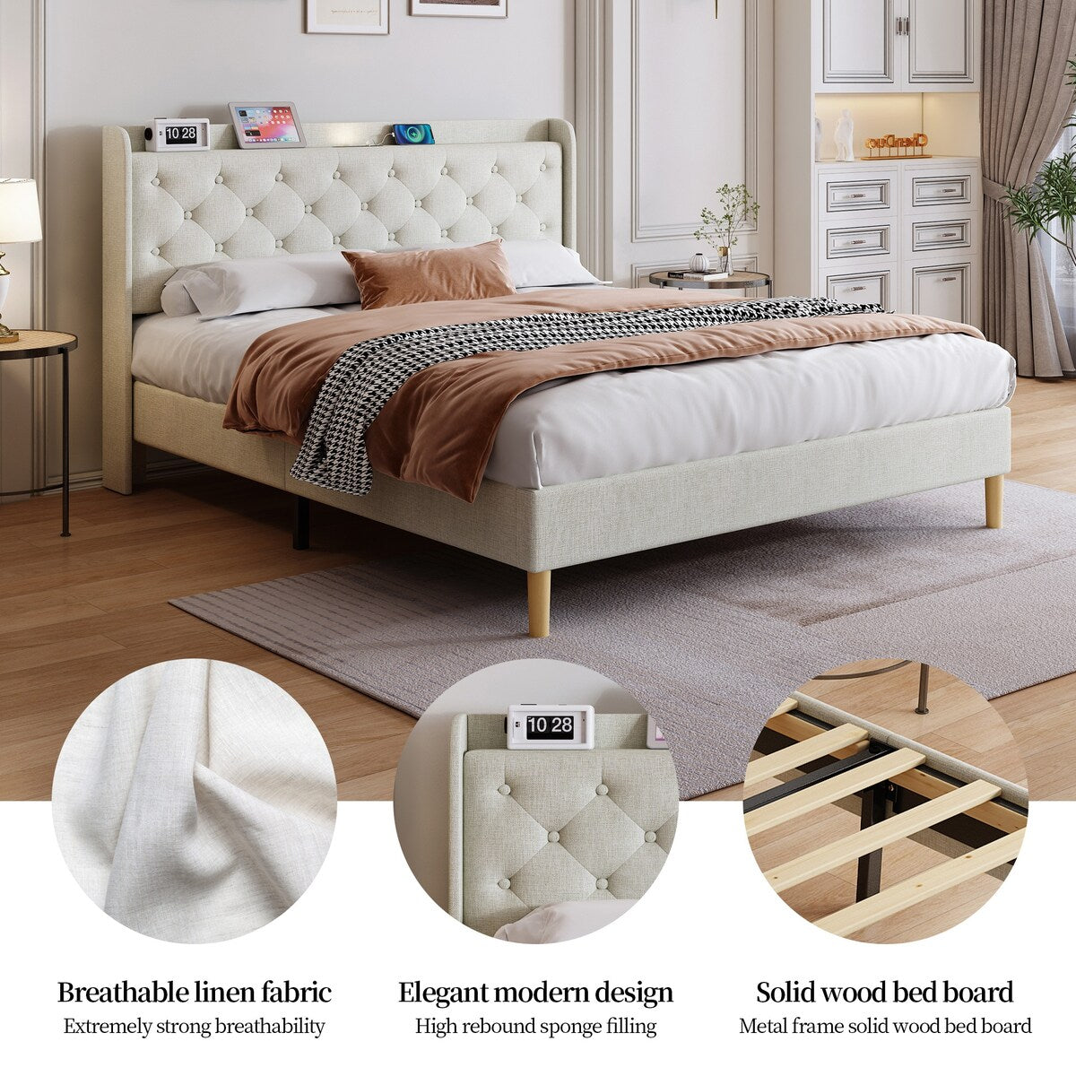 Queen Size Platform Bed With LED Lights,Cotton and Linen Fabric