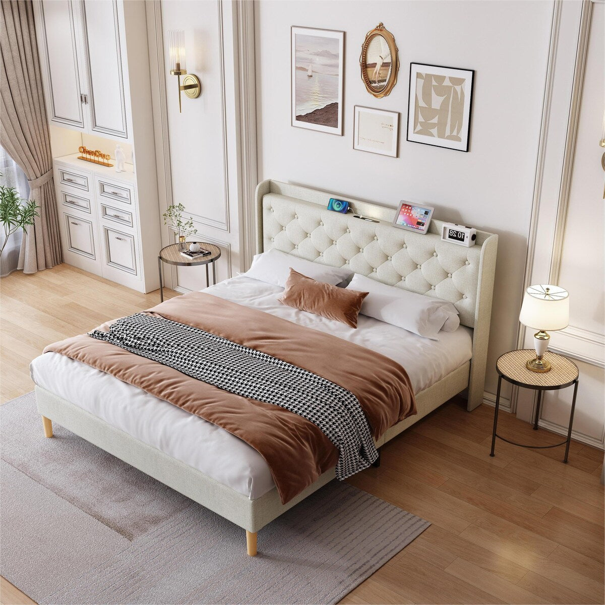 Queen Size Platform Bed With LED Lights,Cotton and Linen Fabric
