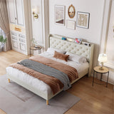 Queen Size Platform Bed With LED Lights,Cotton and Linen Fabric