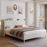 Queen Size Platform Bed With LED Lights,Cotton and Linen Fabric