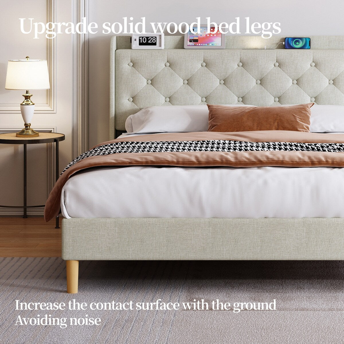 Queen Size Platform Bed With LED Lights,Cotton and Linen Fabric