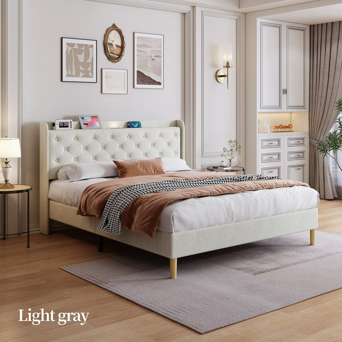 Queen Size Platform Bed With LED Lights,Cotton and Linen Fabric