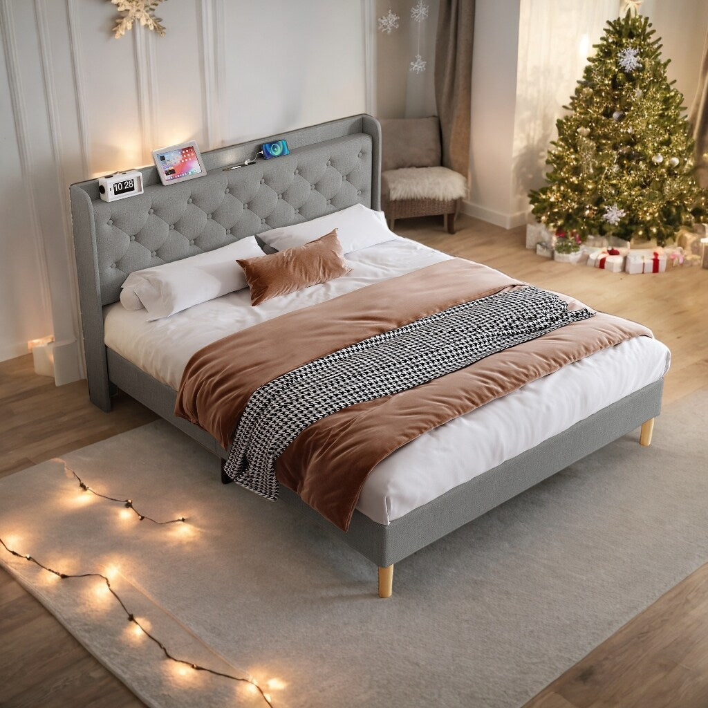 Queen Size Platform Bed With LED Lights,Cotton and Linen Fabric