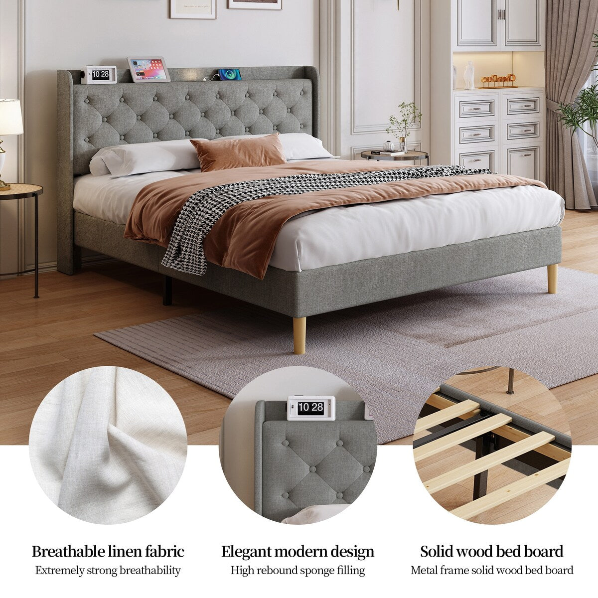 Queen Size Platform Bed With LED Lights,Cotton and Linen Fabric