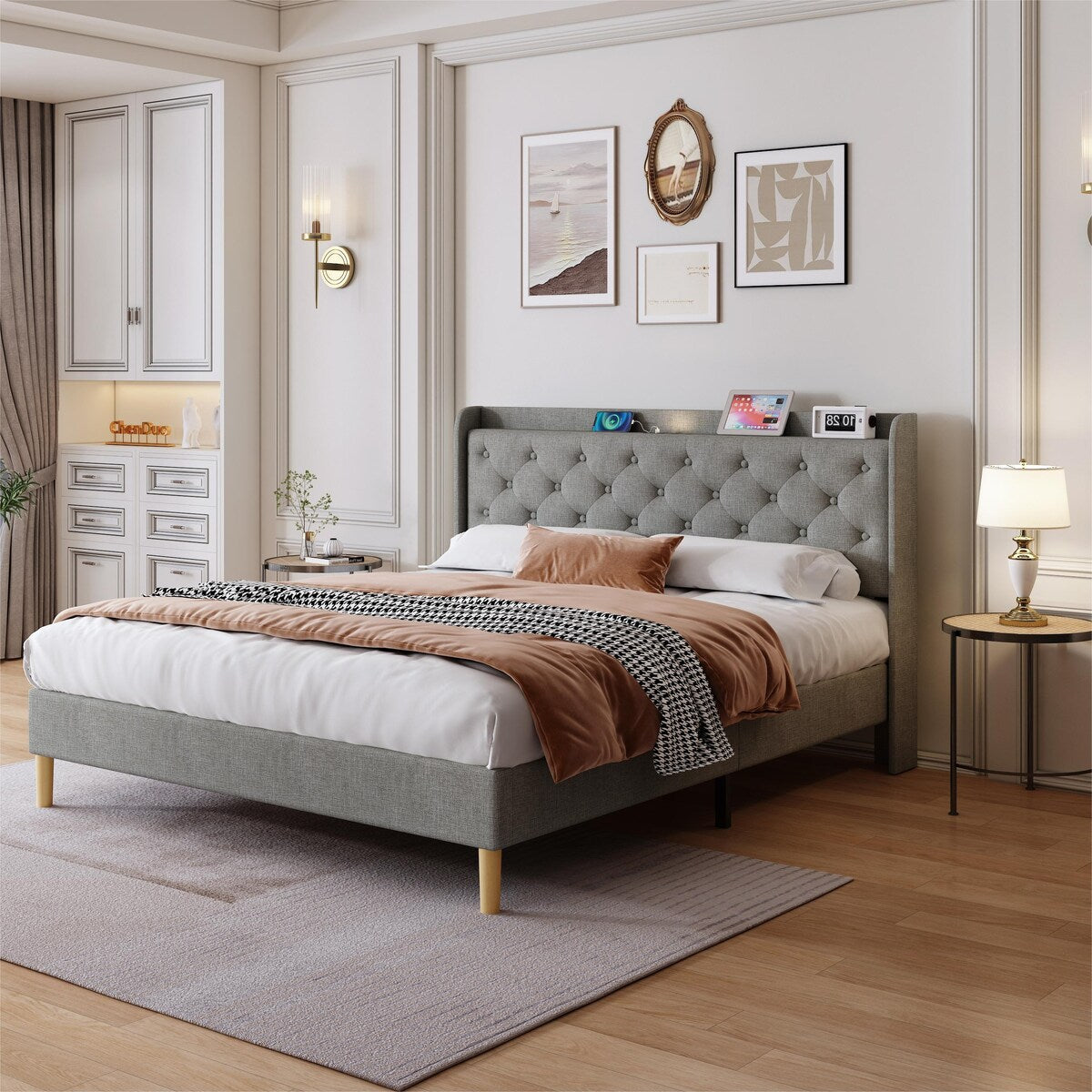 Queen Size Platform Bed With LED Lights,Cotton and Linen Fabric