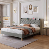 Queen Size Platform Bed With LED Lights,Cotton and Linen Fabric