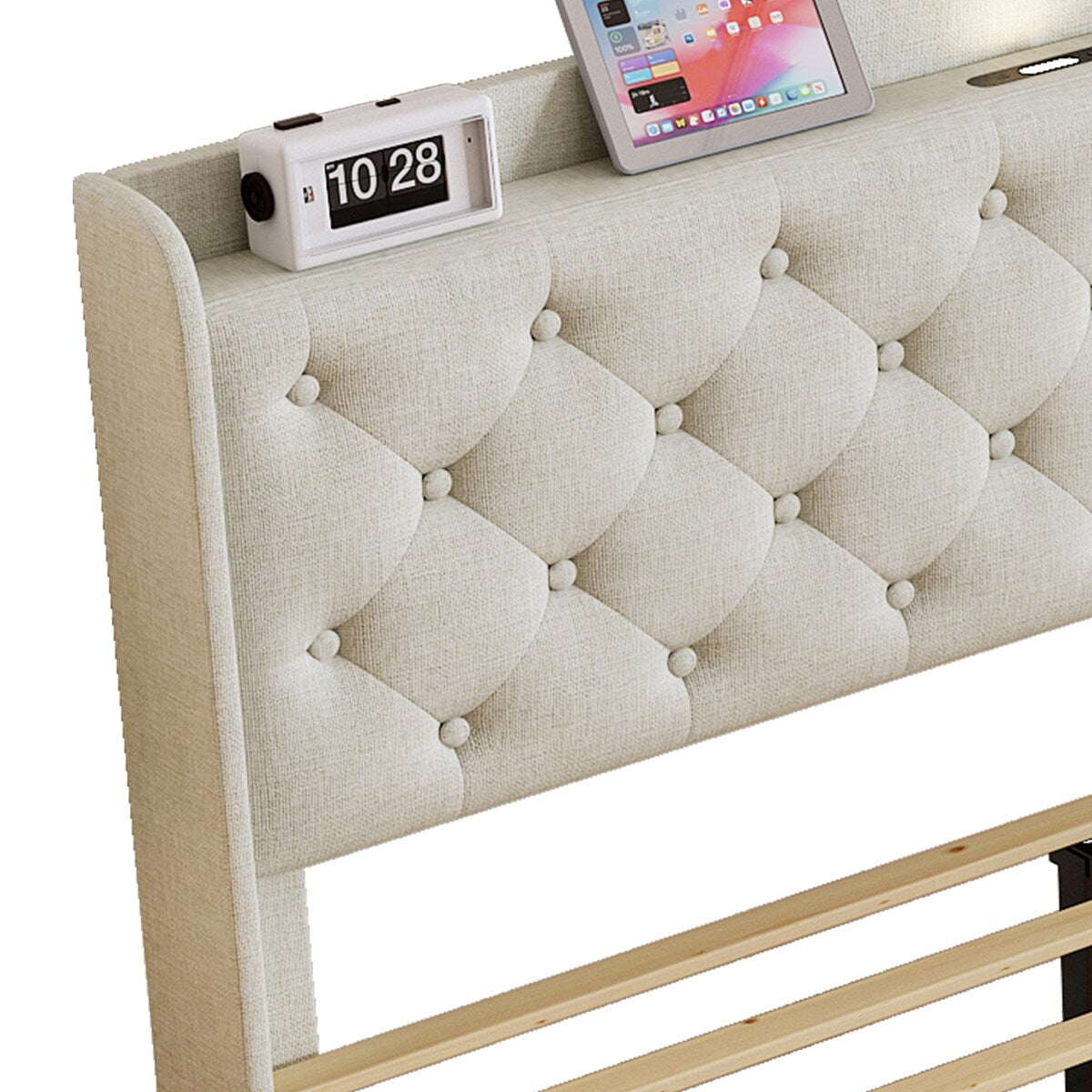 Queen Size Platform Bed With LED Lights,Cotton and Linen Fabric