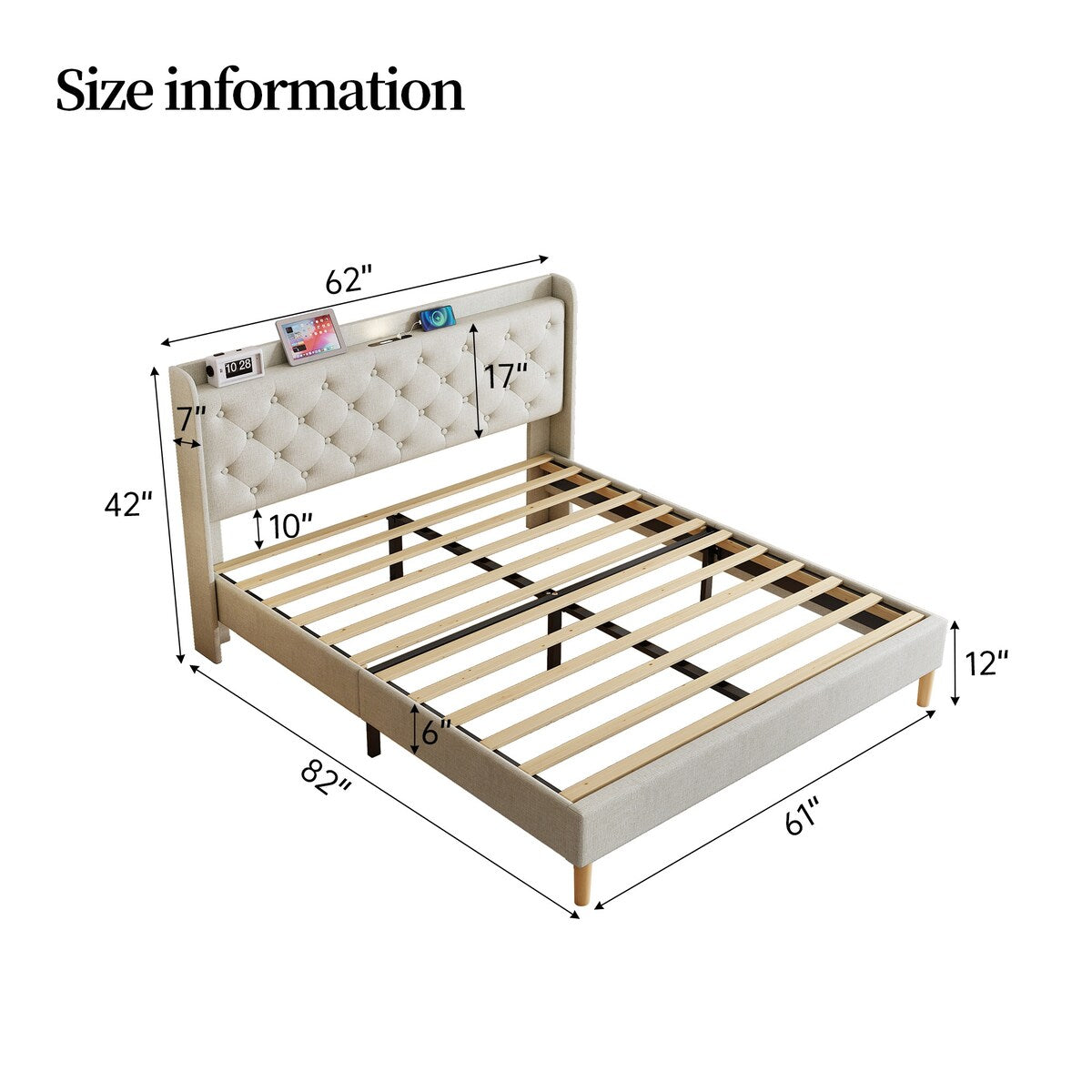 Queen Size Platform Bed With LED Lights,Cotton and Linen Fabric