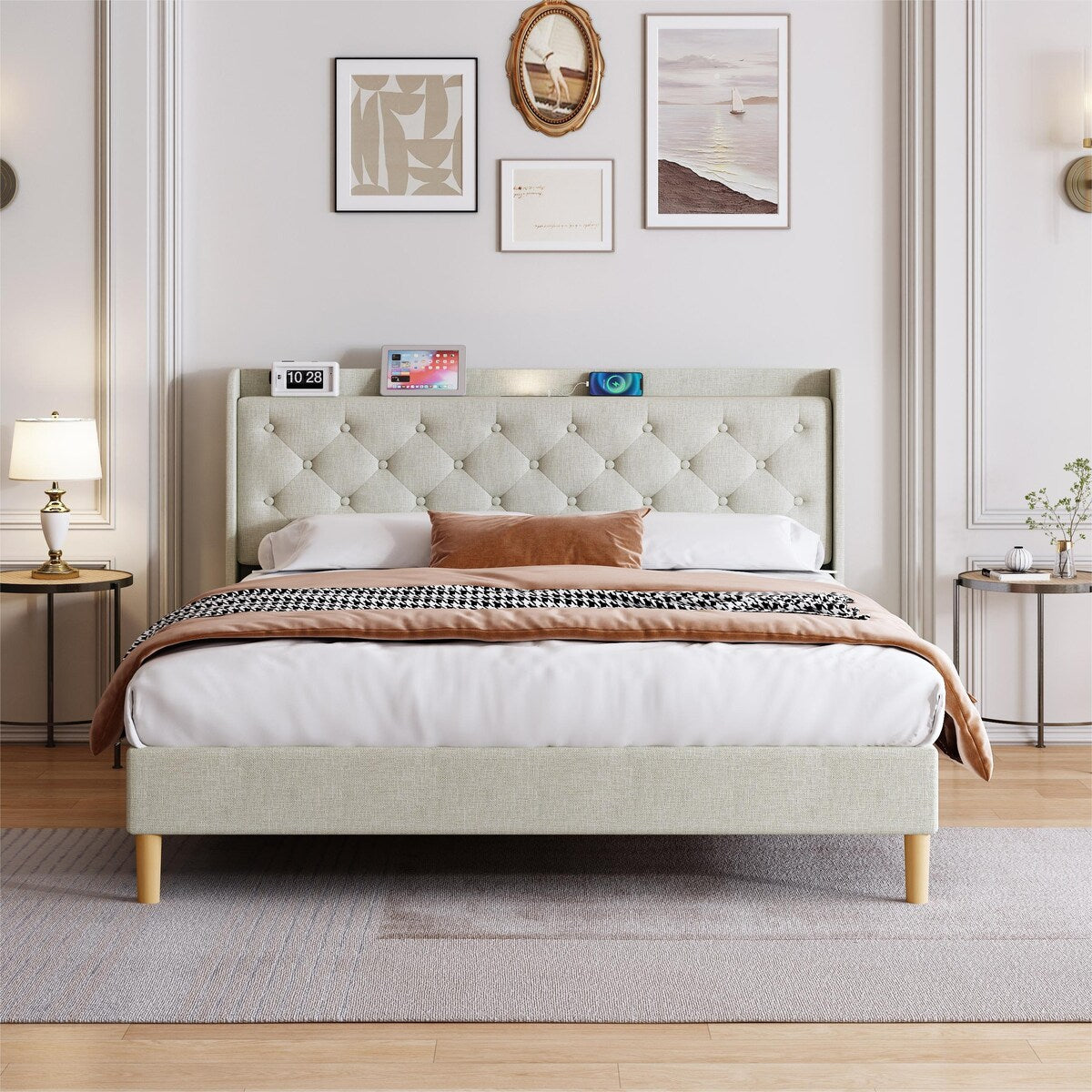 Queen Size Platform Bed With LED Lights,Cotton and Linen Fabric