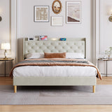 Queen Size Platform Bed With LED Lights,Cotton and Linen Fabric