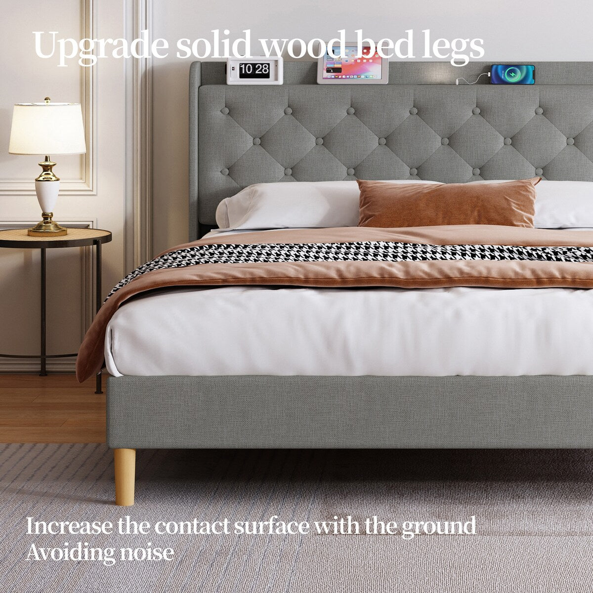 Queen Size Platform Bed With LED Lights,Cotton and Linen Fabric