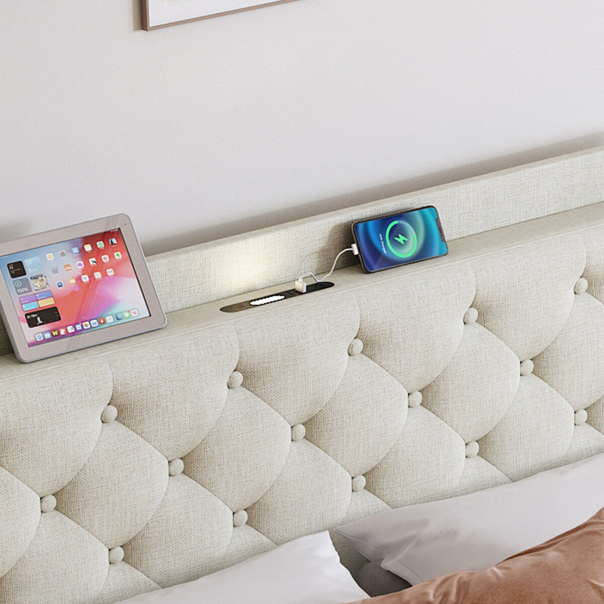 Queen Size Platform Bed With LED Lights,Cotton and Linen Fabric