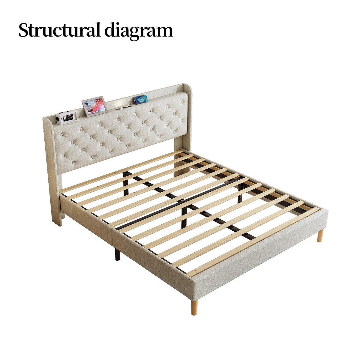 Queen Size Platform Bed With LED Lights,Cotton and Linen Fabric