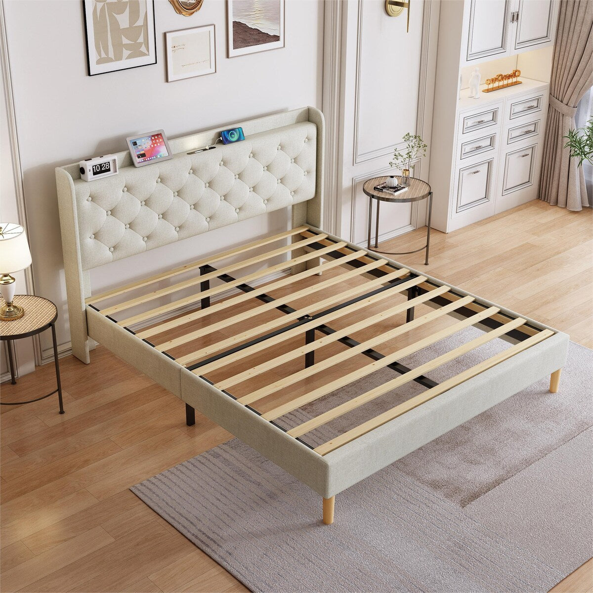 Queen Size Platform Bed With LED Lights,Cotton and Linen Fabric