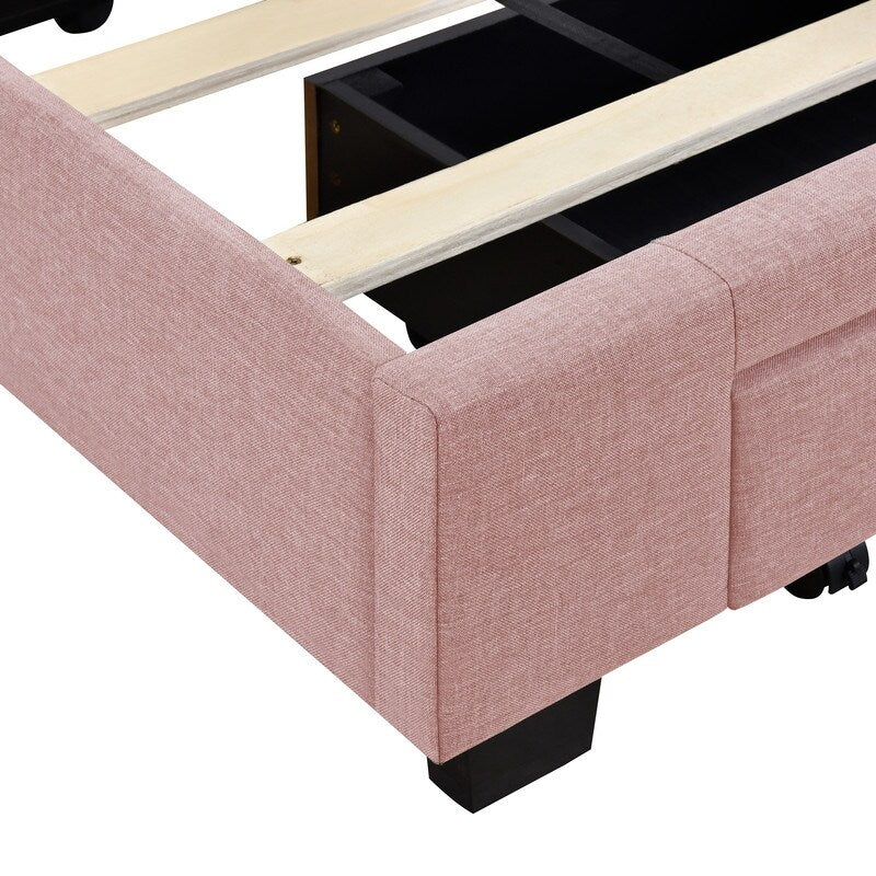 Queen Size Platform Bed with 3 Storage Drawers, Upholstered Bed with Support Legs, Bed with Headboard for Bedroom, Pink