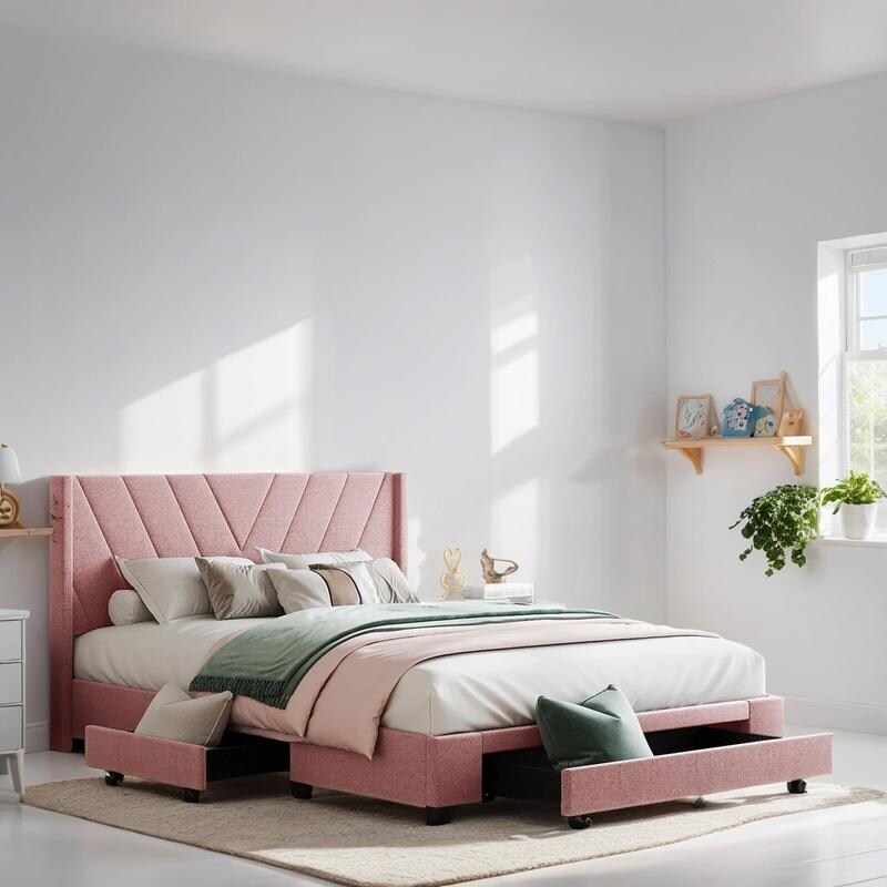 Queen Size Platform Bed with 3 Storage Drawers, Upholstered Bed with Support Legs, Bed with Headboard for Bedroom, Pink
