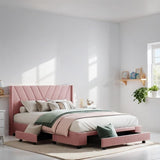 Queen Size Platform Bed with 3 Storage Drawers, Upholstered Bed with Support Legs, Bed with Headboard for Bedroom, Pink