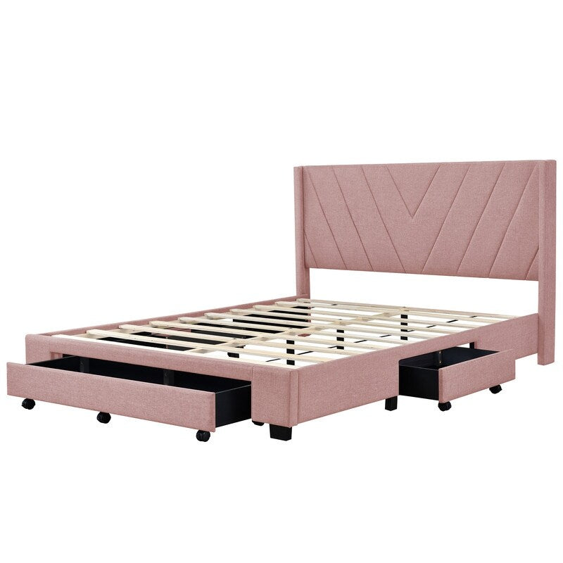 Queen Size Platform Bed with 3 Storage Drawers, Upholstered Bed with Support Legs, Bed with Headboard for Bedroom, Pink
