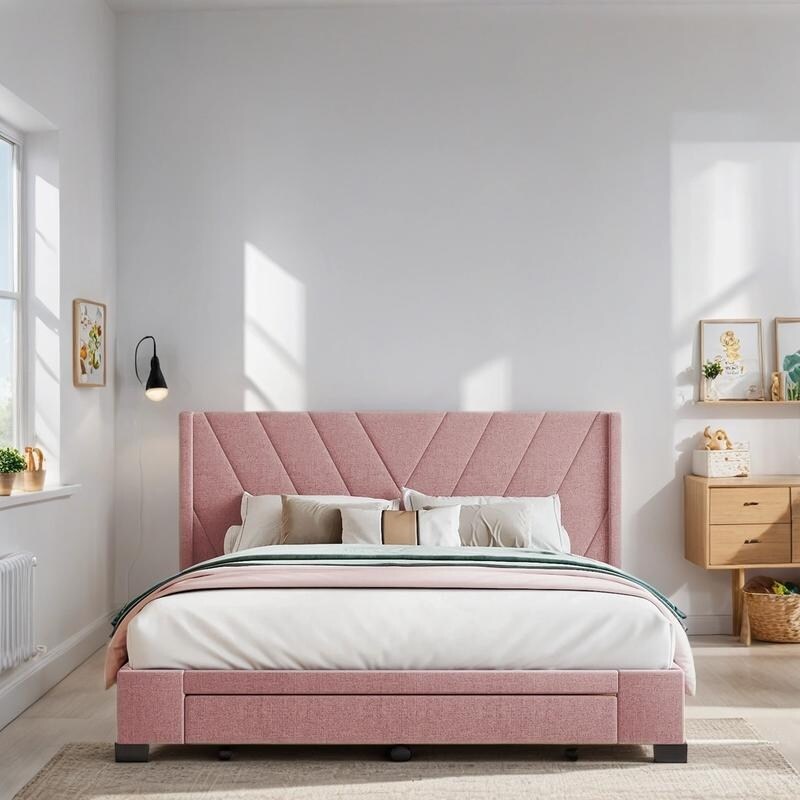 Queen Size Platform Bed with 3 Storage Drawers, Upholstered Bed with Support Legs, Bed with Headboard for Bedroom, Pink