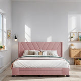 Queen Size Platform Bed with 3 Storage Drawers, Upholstered Bed with Support Legs, Bed with Headboard for Bedroom, Pink