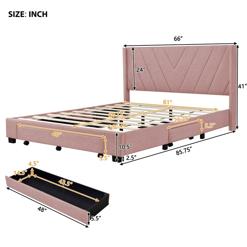 Queen Size Platform Bed with 3 Storage Drawers, Upholstered Bed with Support Legs, Bed with Headboard for Bedroom, Pink