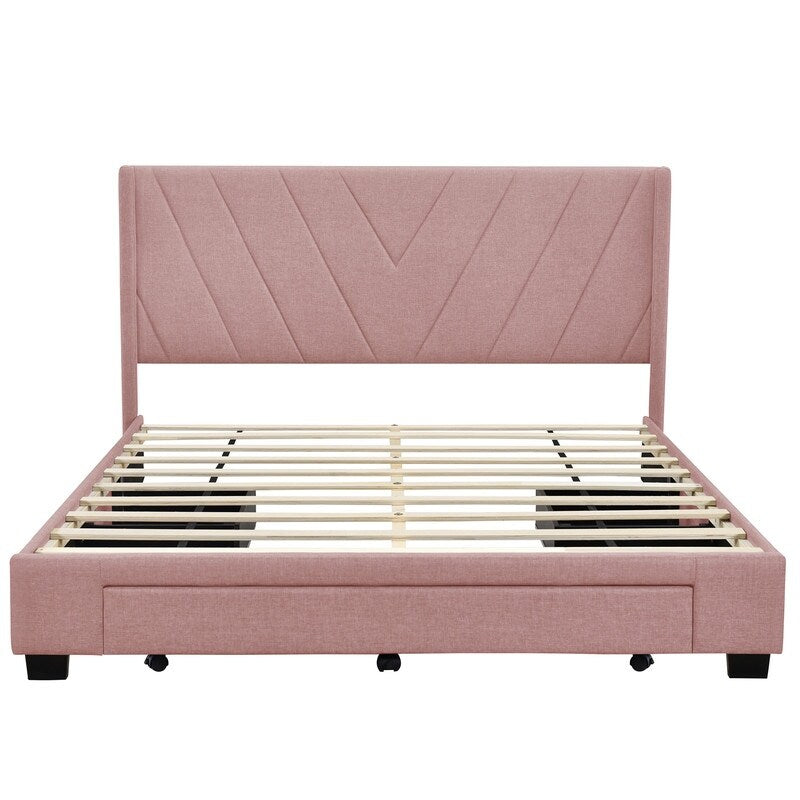 Queen Size Platform Bed with 3 Storage Drawers, Upholstered Bed with Support Legs, Bed with Headboard for Bedroom, Pink