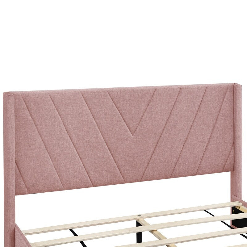 Queen Size Platform Bed with 3 Storage Drawers, Upholstered Bed with Support Legs, Bed with Headboard for Bedroom, Pink