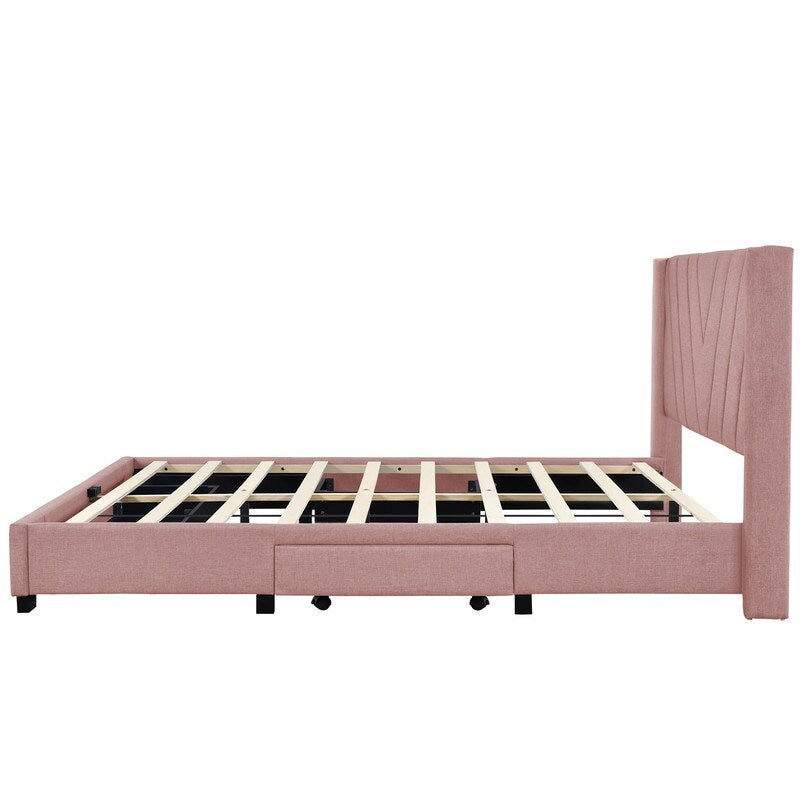 Queen Size Platform Bed with 3 Storage Drawers, Upholstered Bed with Support Legs, Bed with Headboard for Bedroom, Pink