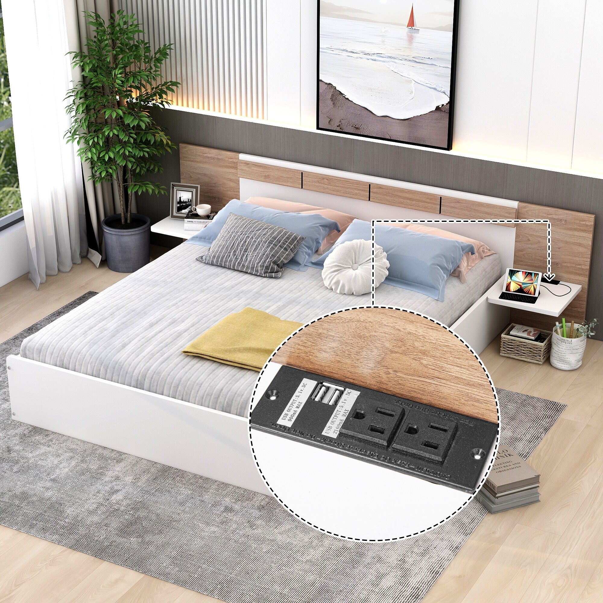 Queen Size Platform Bed with Extended Headboard Storage Shelves Woo Overstock