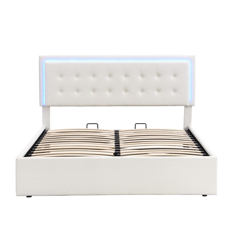 Queen Size Platform Bed with Hydraulic Storage System, PU Tufted Upholstered Storage Bed with LED Lights, White
