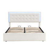 Queen Size Platform Bed with Hydraulic Storage System, PU Tufted Upholstered Storage Bed with LED Lights, White