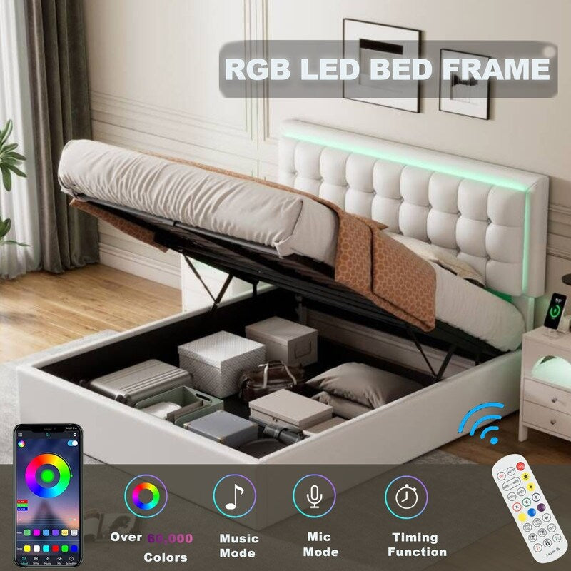 Queen Size Platform Bed with Hydraulic Storage System, PU Tufted Upholstered Storage Bed with LED Lights, White