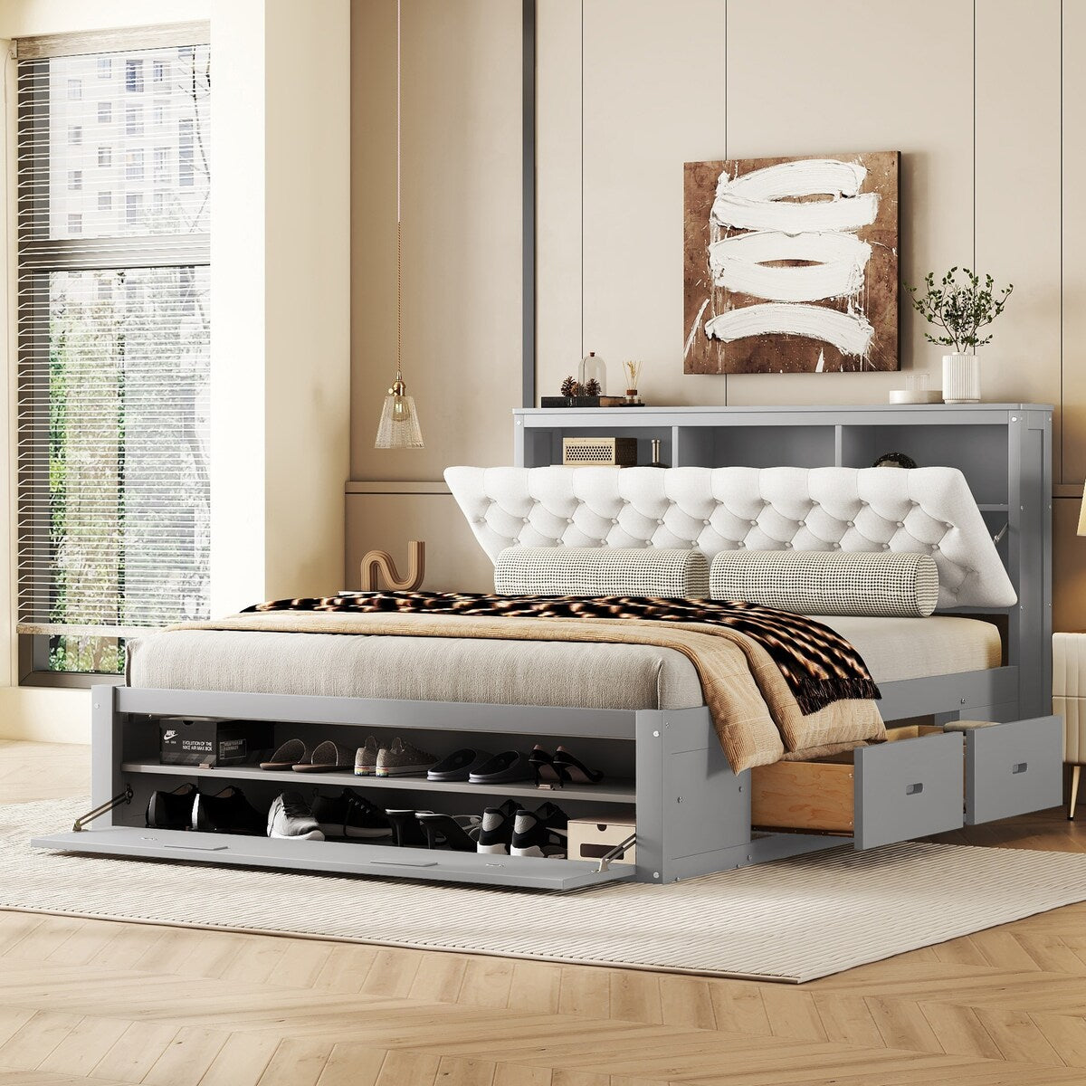 Queen Size Platform Bed with Storage Headboard,Shoe Rack and 4 Drawers