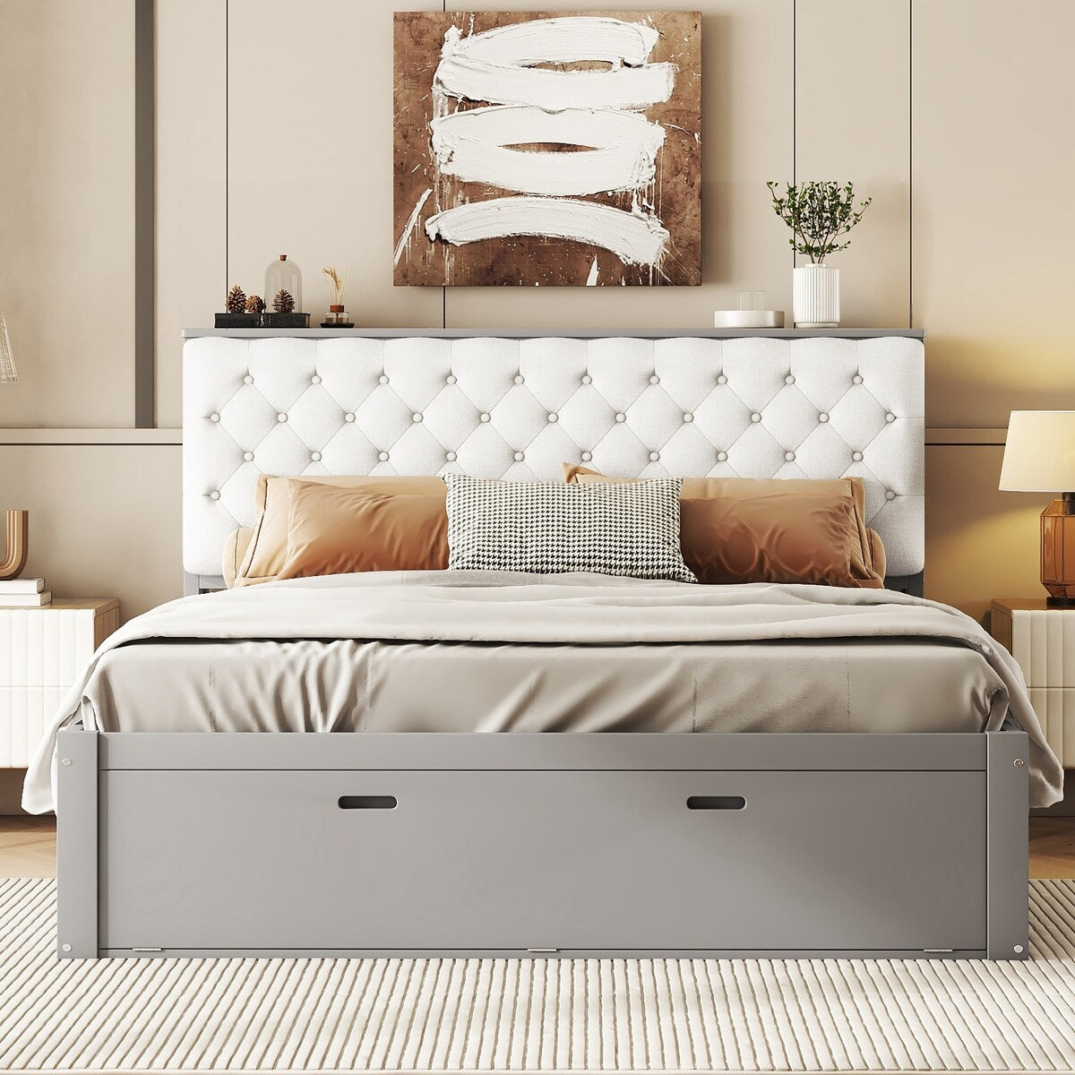 Queen Size Platform Bed with Storage Headboard,Shoe Rack and 4 Drawers