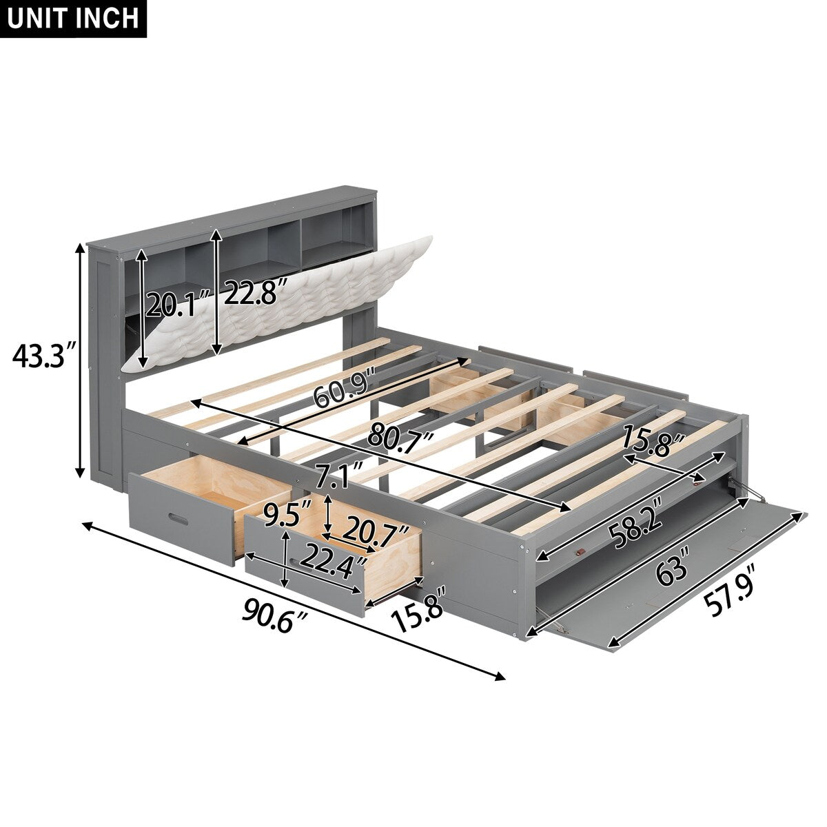 Queen Size Platform Bed with Storage Headboard,Shoe Rack and 4 Drawers