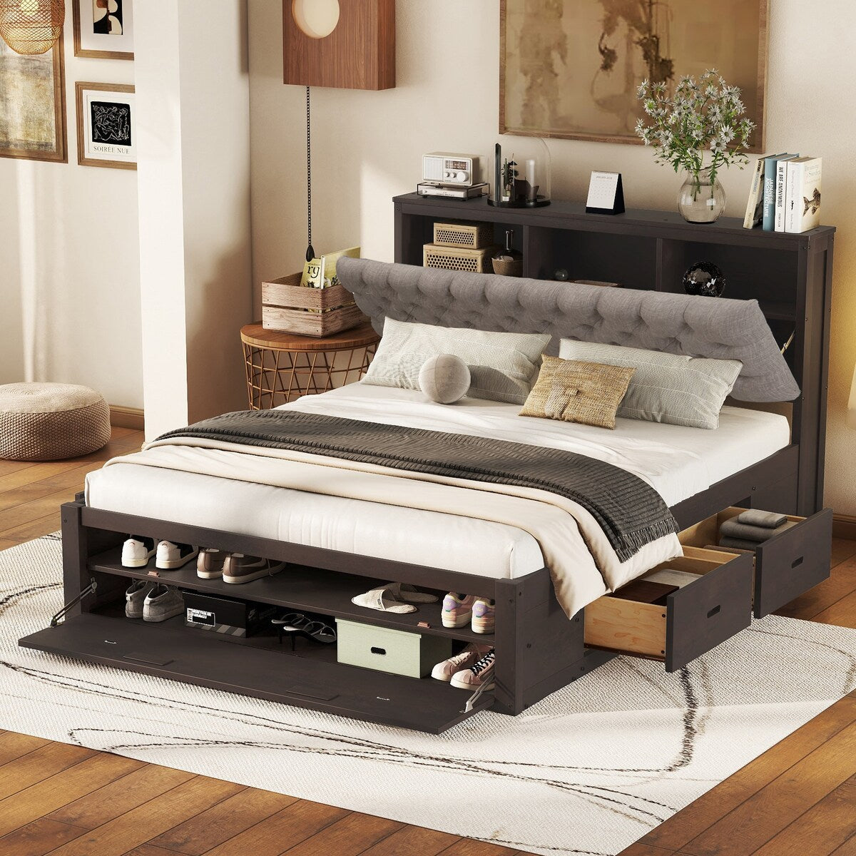 Queen Size Platform Bed with Storage Headboard,Shoe Rack and 4 Drawers