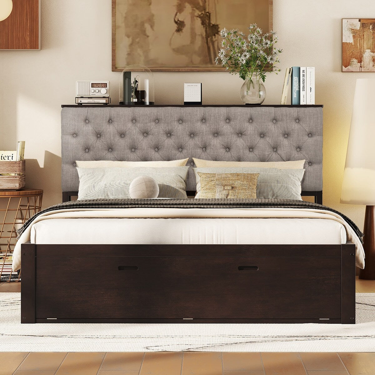 Queen Size Platform Bed with Storage Headboard,Shoe Rack and 4 Drawers