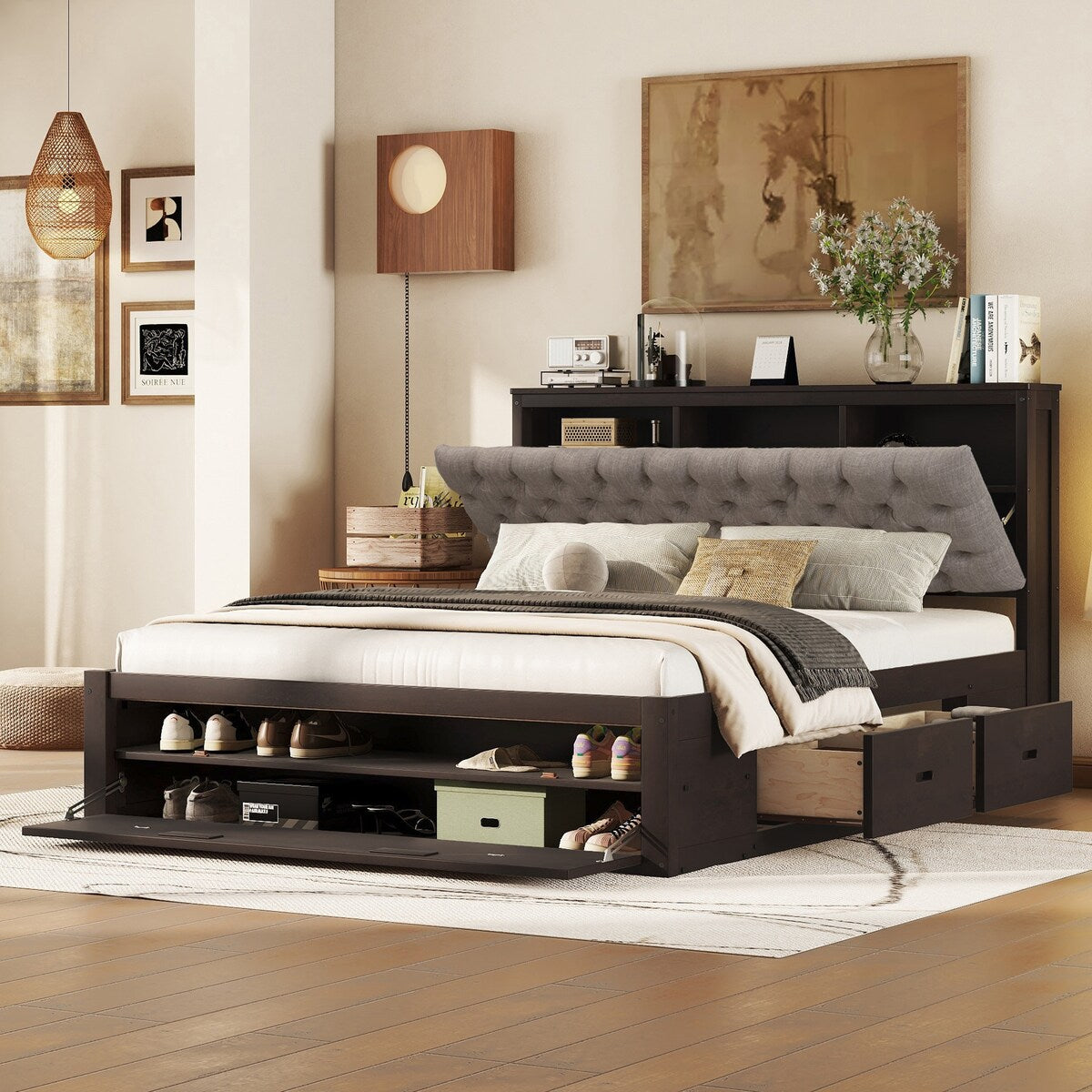 Queen Size Platform Bed with Storage Headboard,Shoe Rack and 4 Drawers