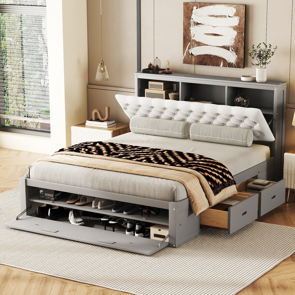 Queen Size Platform Bed with Storage Headboard,Shoe Rack and 4 Drawers