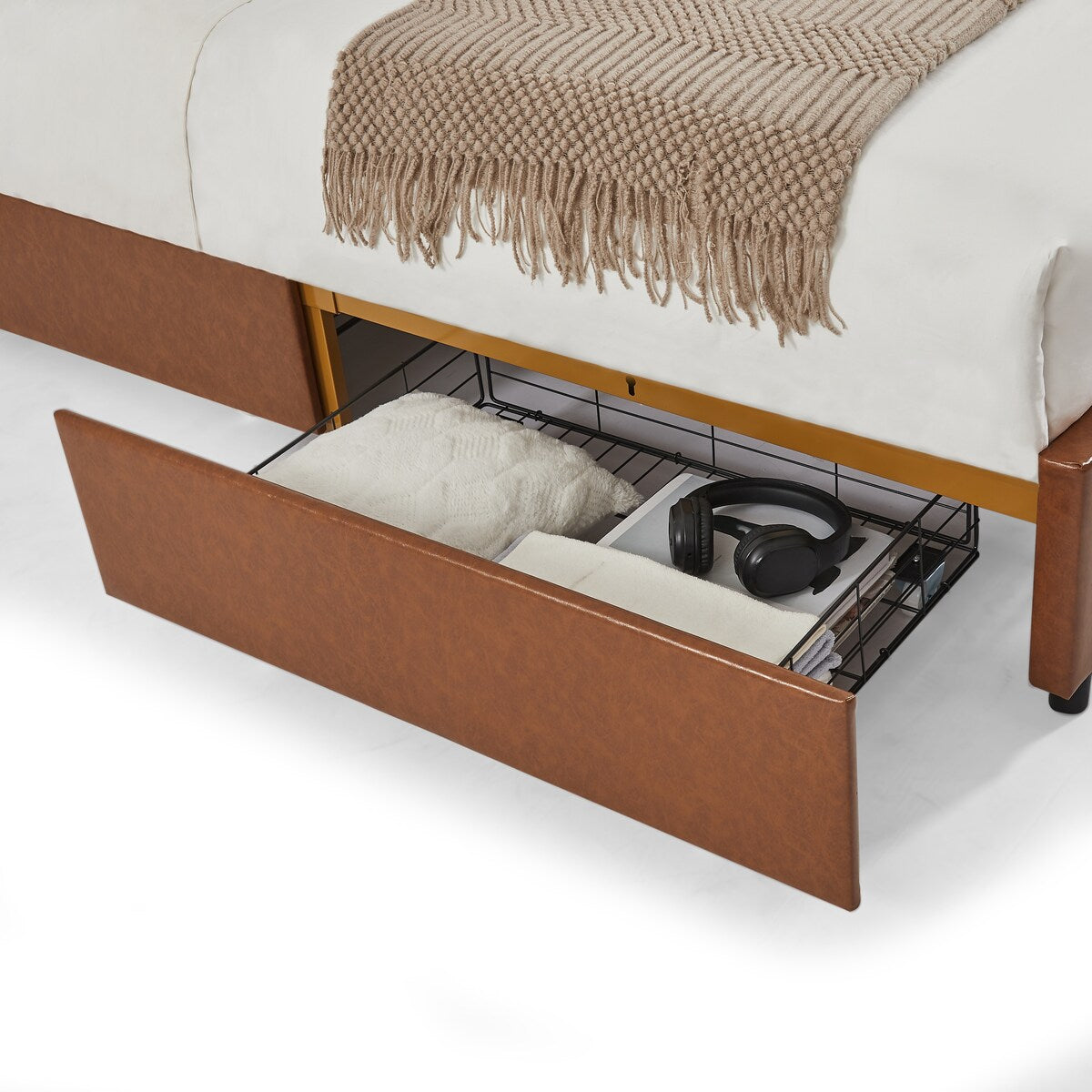 Queen Size Platform Bed, Steamed Bread Headboard with Four Drawers
