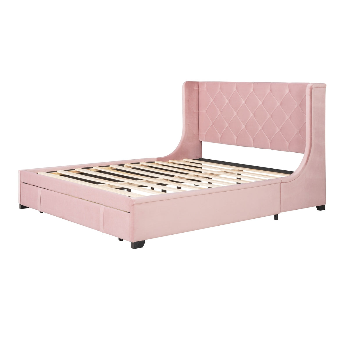 Queen Size Storage Bed Velvet Upholstered Platform Bed with Wingback Headboard and a Big Drawer (Beige)