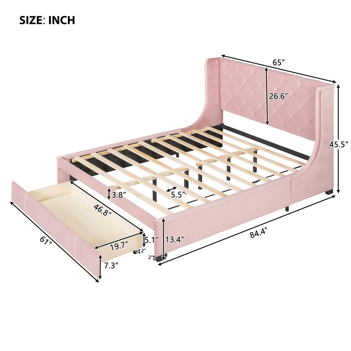 Queen Size Storage Bed Velvet Upholstered Platform Bed with Wingback Headboard and a Big Drawer (Beige)