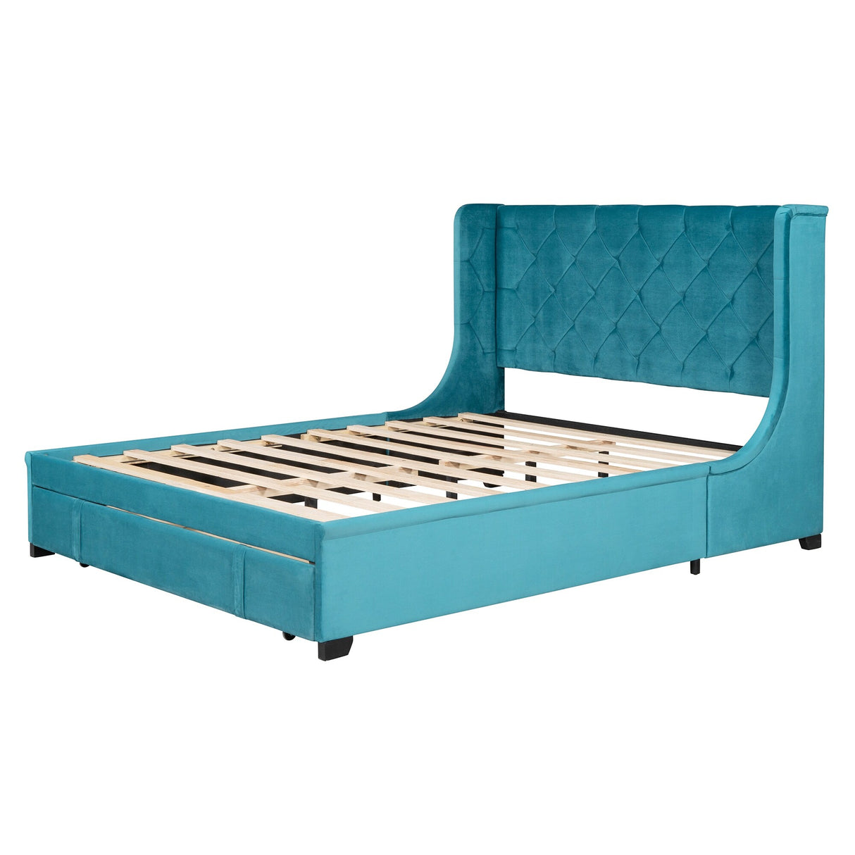 Queen Size Storage Bed Velvet Upholstered Platform Bed with Wingback Headboard and a Big Drawer (Beige)