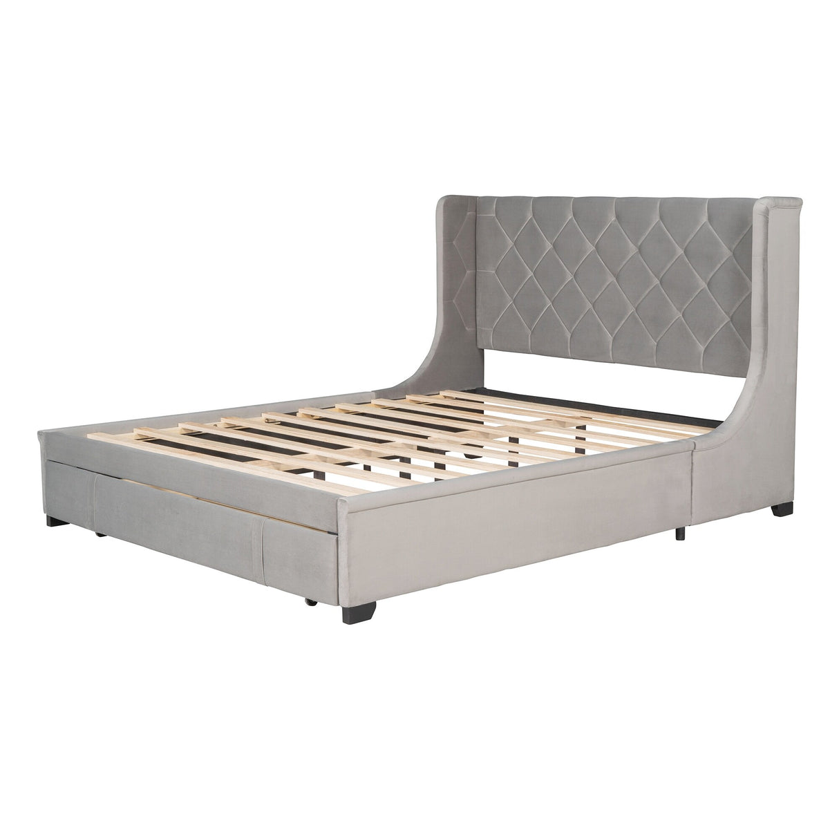 Queen Size Storage Bed Velvet Upholstered Platform Bed with Wingback Headboard and a Big Drawer (Beige)