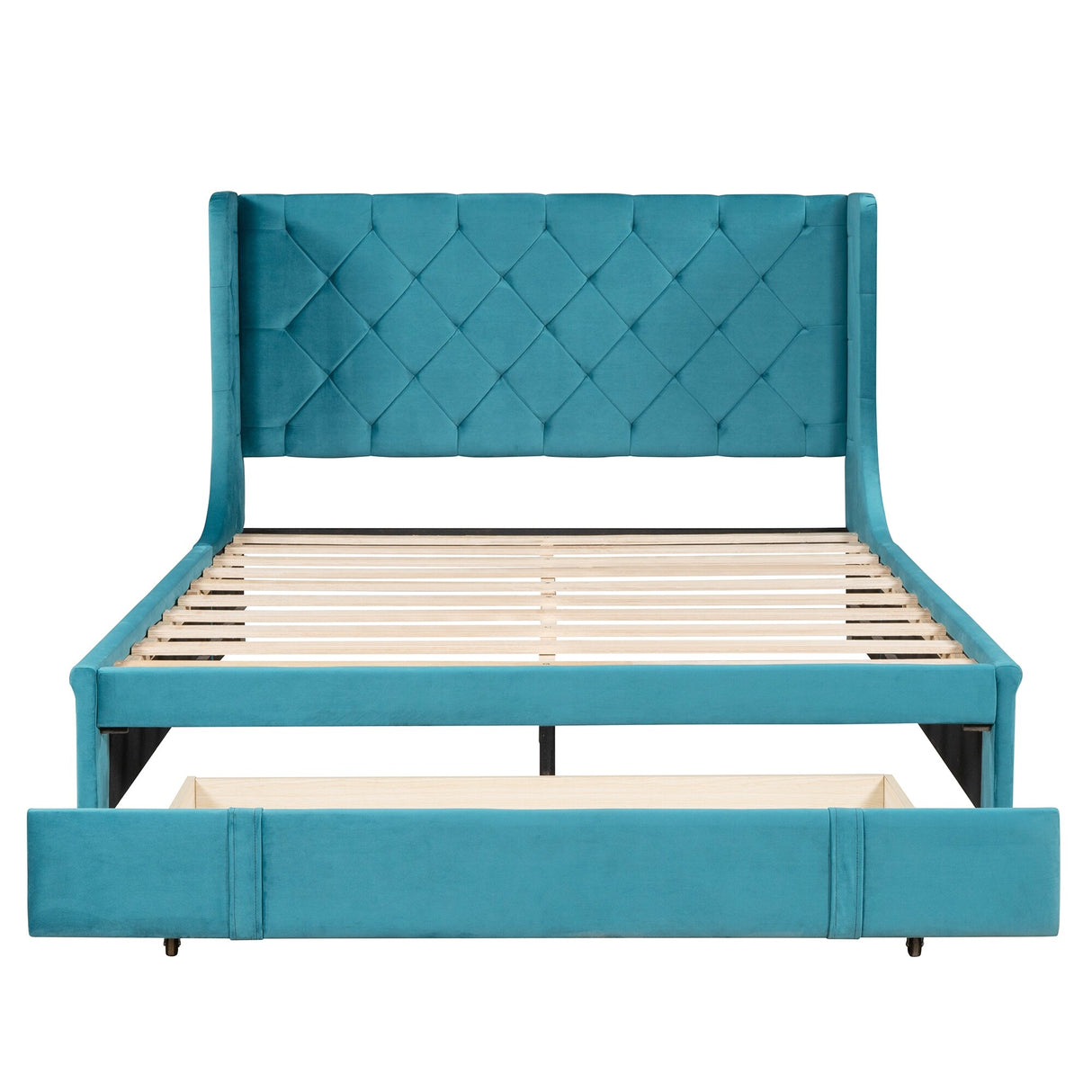 Queen Size Storage Bed Velvet Upholstered Platform Bed with Wingback Headboard and a Big Drawer (Beige)