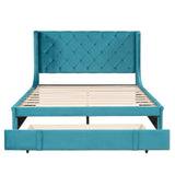 Queen Size Storage Bed Velvet Upholstered Platform Bed with Wingback Headboard and a Big Drawer (Beige)