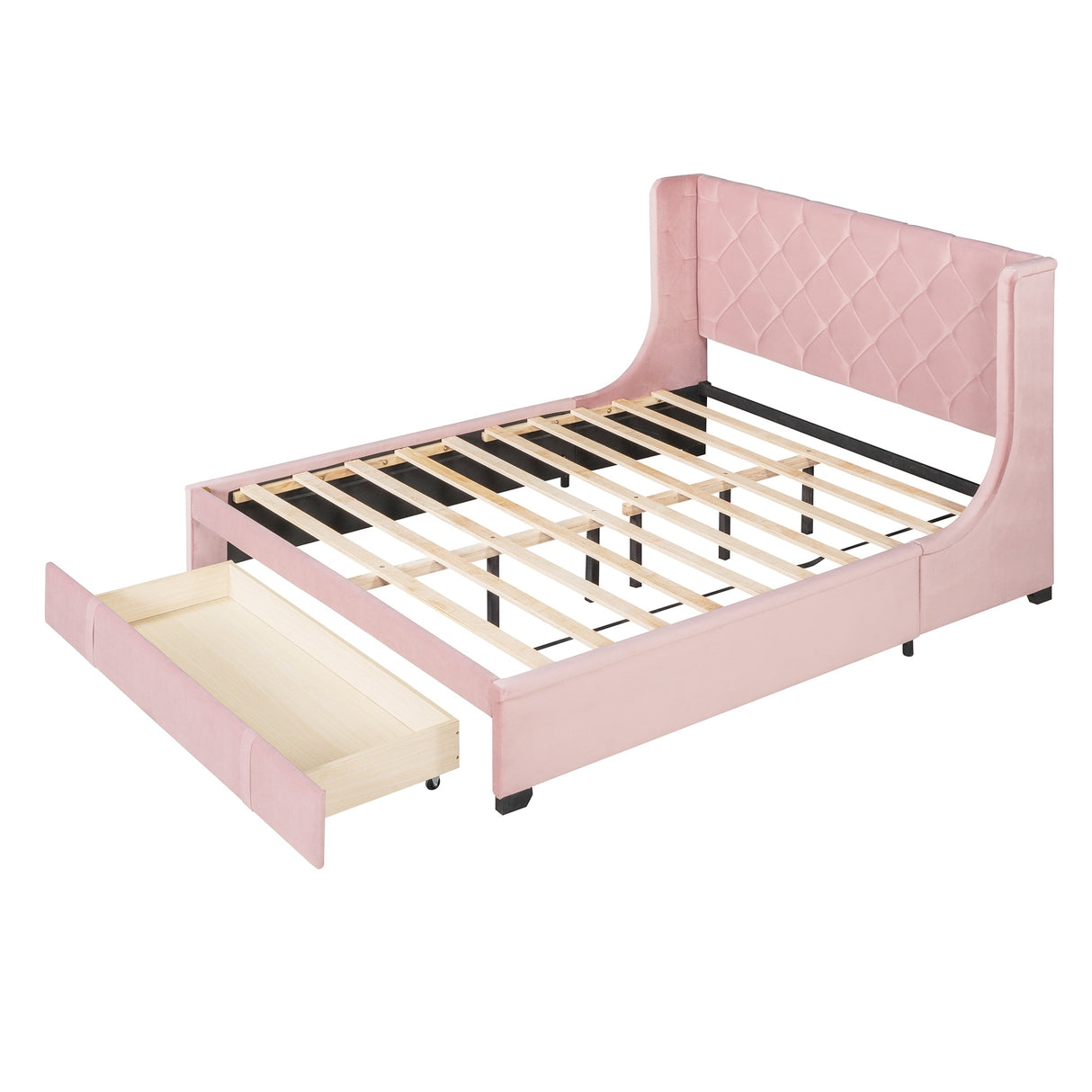Queen Size Storage Bed Velvet Upholstered Platform Bed with Wingback Headboard and a Big Drawer (Beige)
