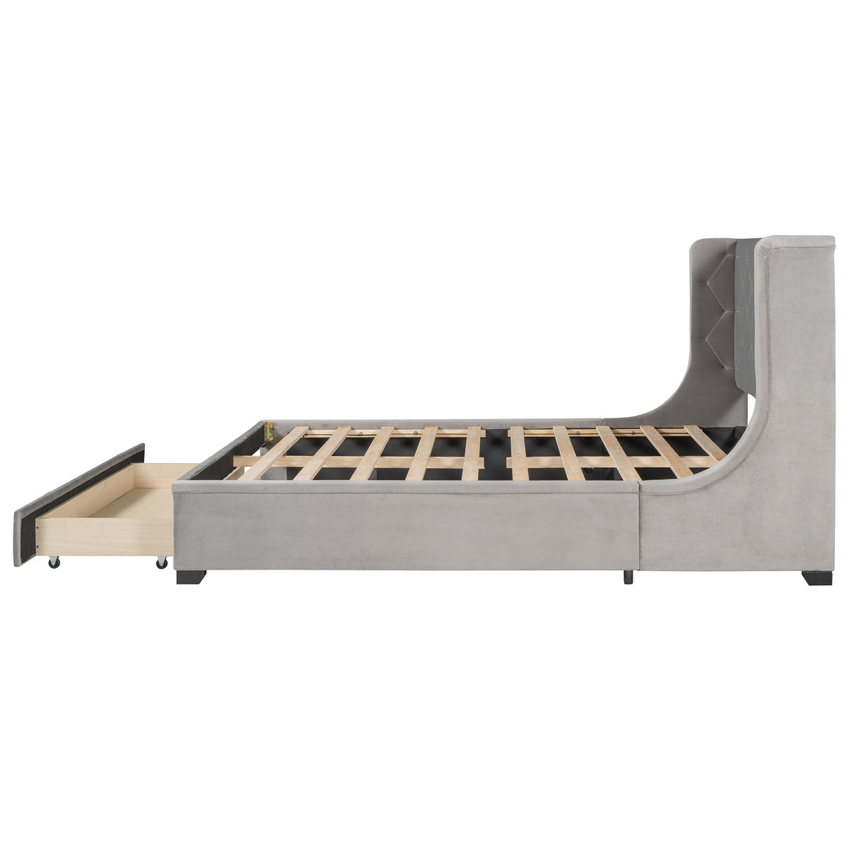 Queen Size Storage Bed Velvet Upholstered Platform Bed with Wingback Headboard and a Big Drawer (Beige)
