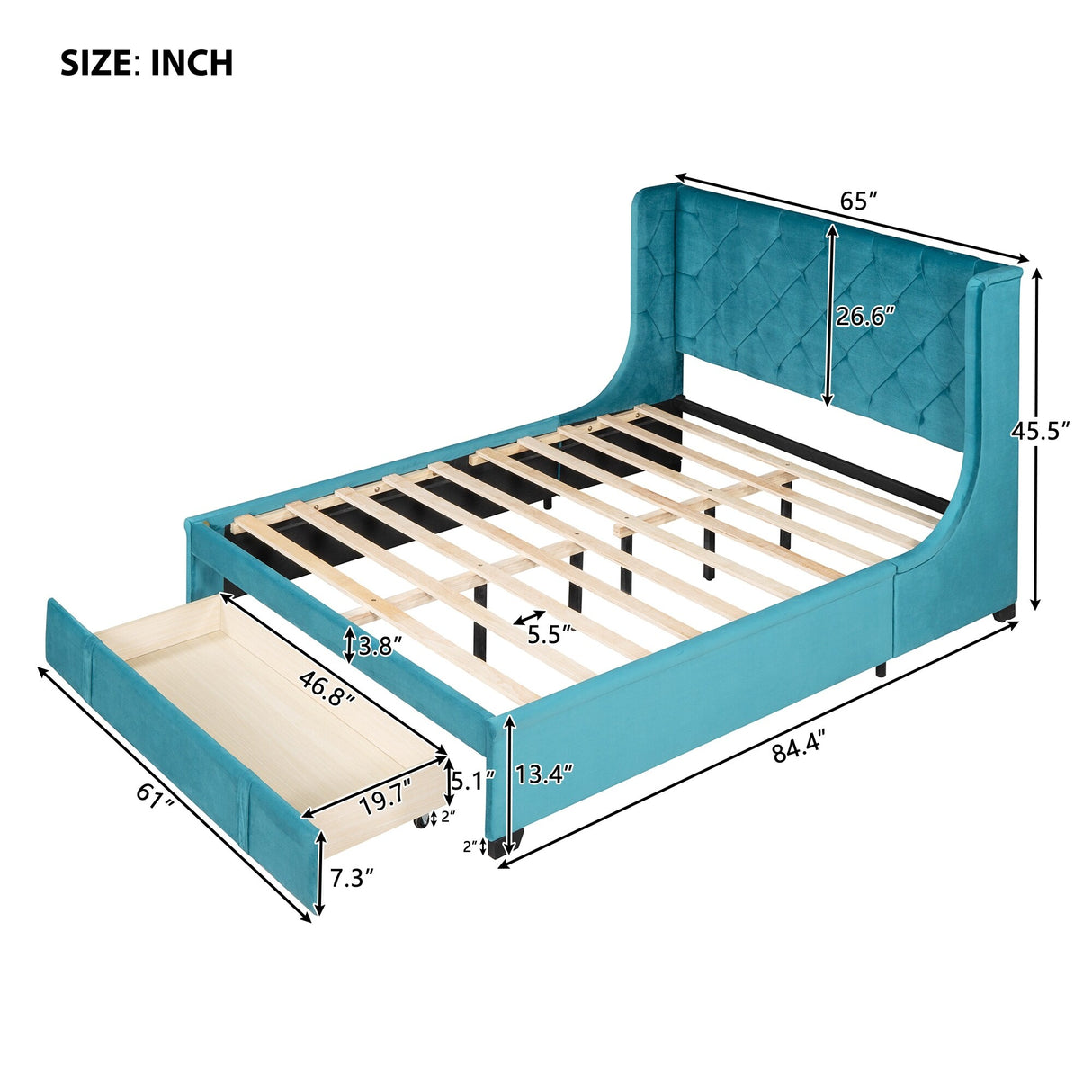 Queen Size Storage Bed Velvet Upholstered Platform Bed with Wingback Headboard and a Big Drawer (Beige)